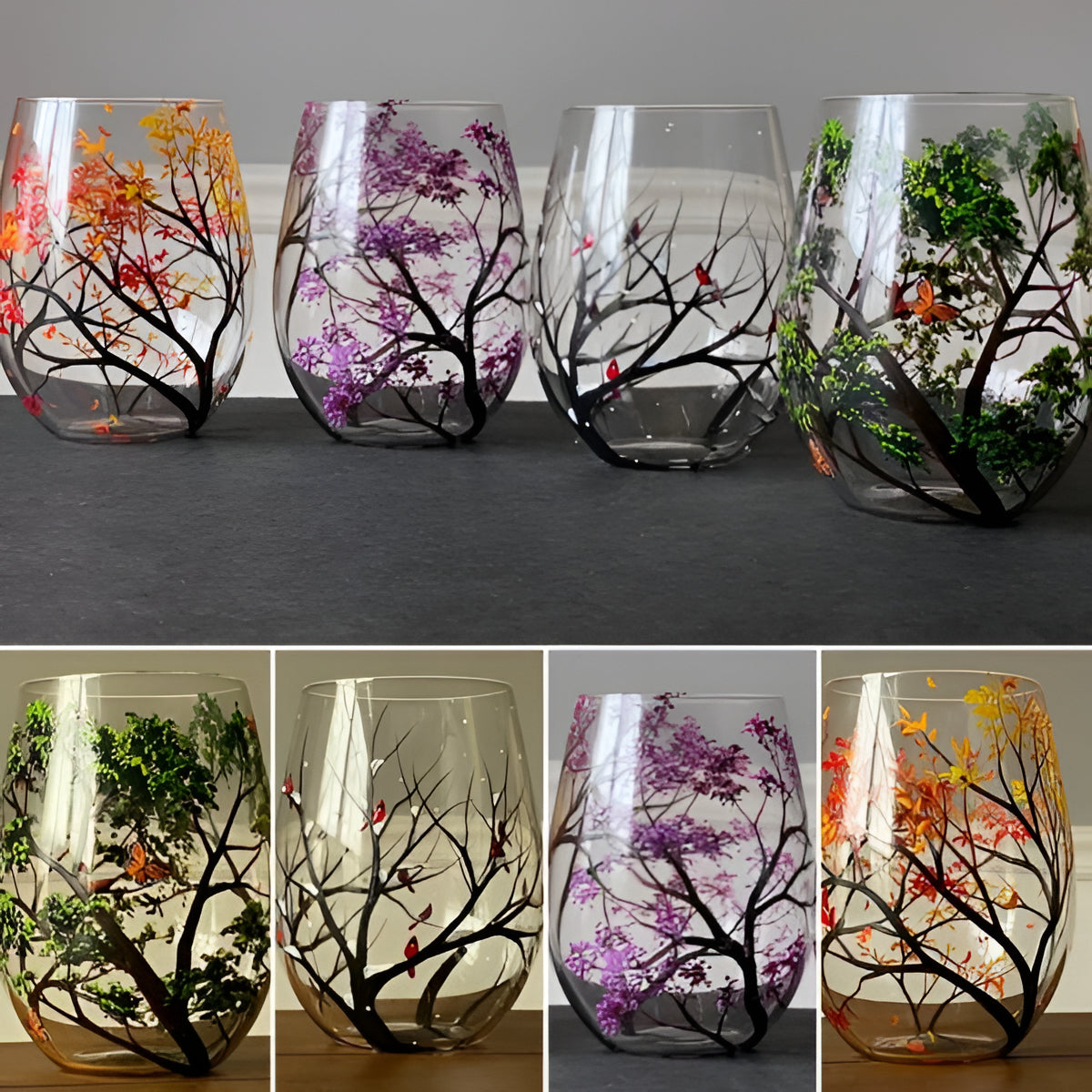 Hand Painted Wine Glasses with Seasonal Tree Designs, 12 oz Dishwasher Safe