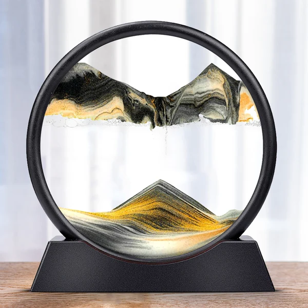 Rotating Sand Art Display with Multicolor Layers and Black Frame