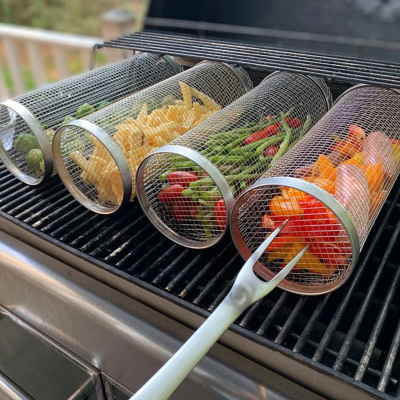 Rotating Grill Basket with Hinged Door and Perforated Walls for Vegetables and Meat