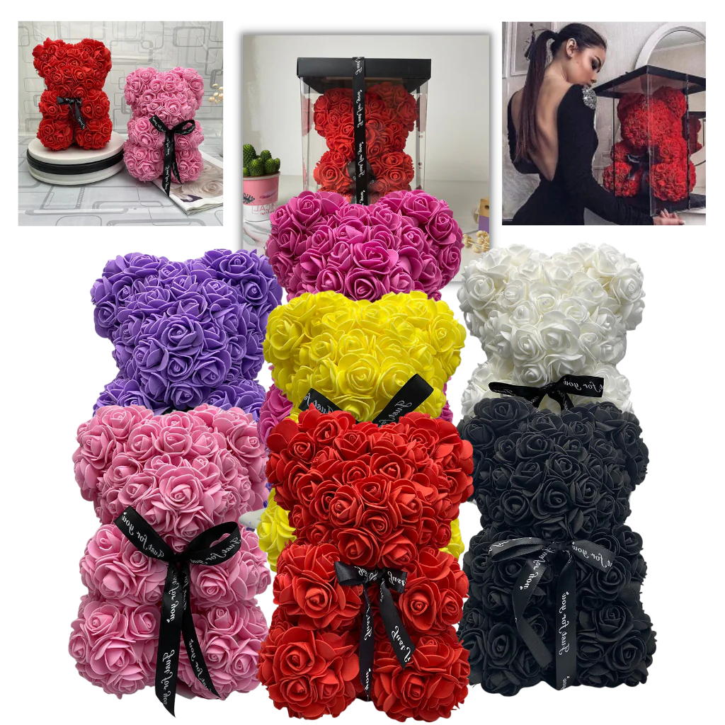 Foam Rose Teddy Bear with Ribbon Neck Accent and Lasting Color, 9.8 Inches
