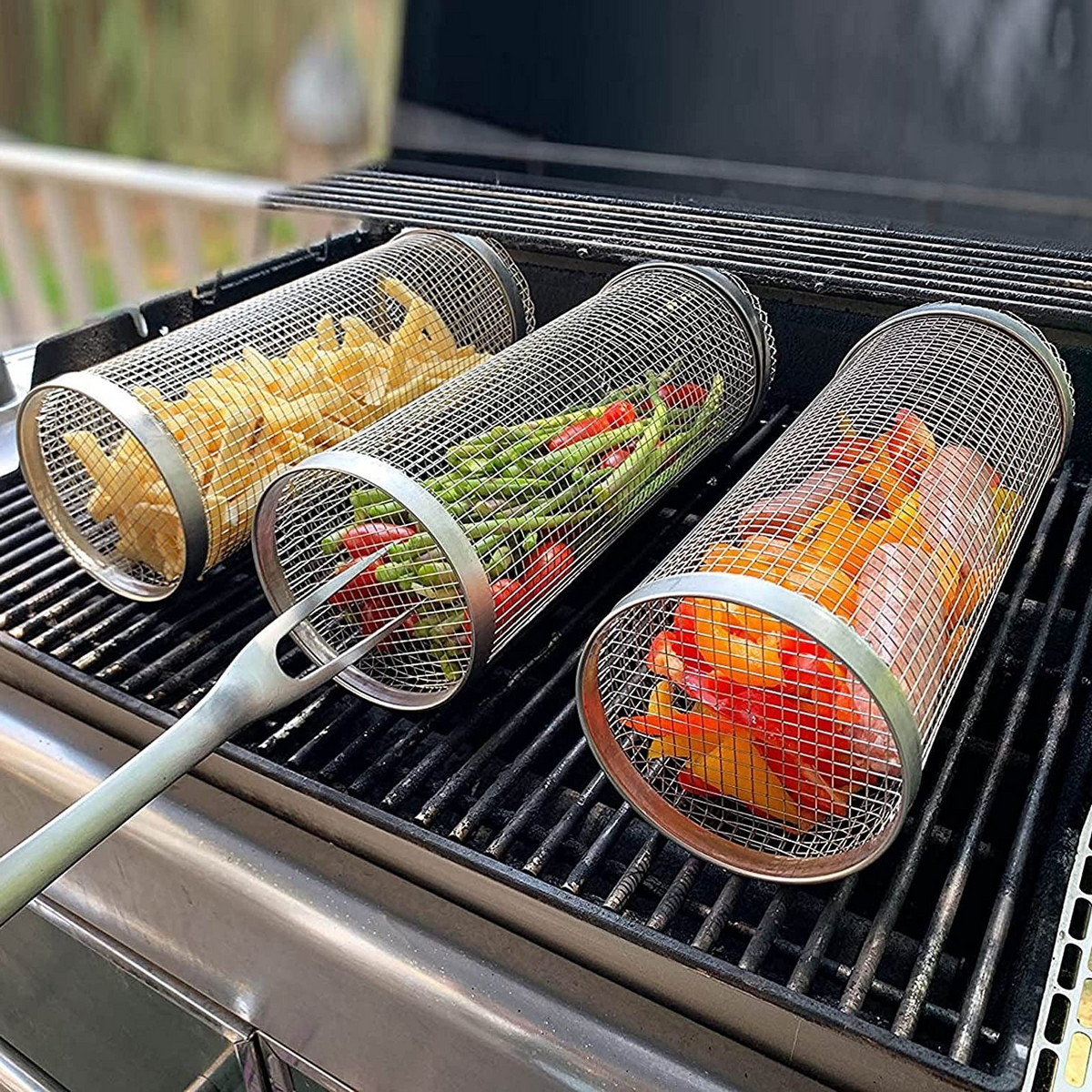 Rotating Grill Basket with Hinged Door and Perforated Walls for Vegetables and Meat