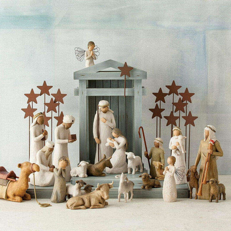 Handcrafted Barn Wood Nativity Set with Six Carved Figures and Creche Structure