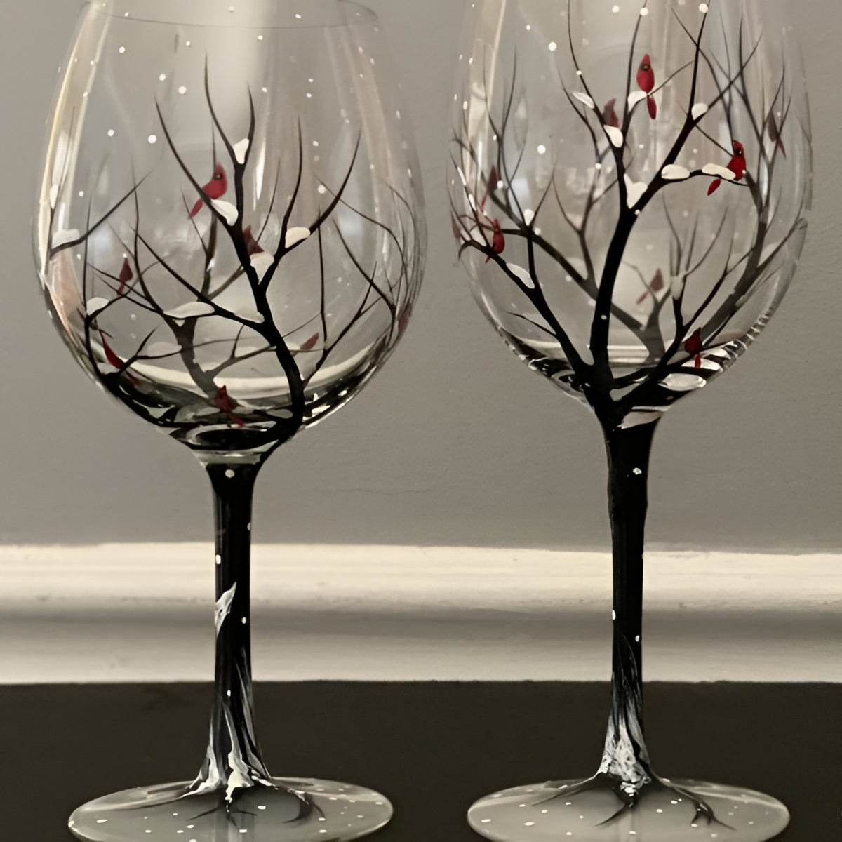 Hand Painted Wine Glasses with Seasonal Tree Designs, 12 oz Dishwasher Safe