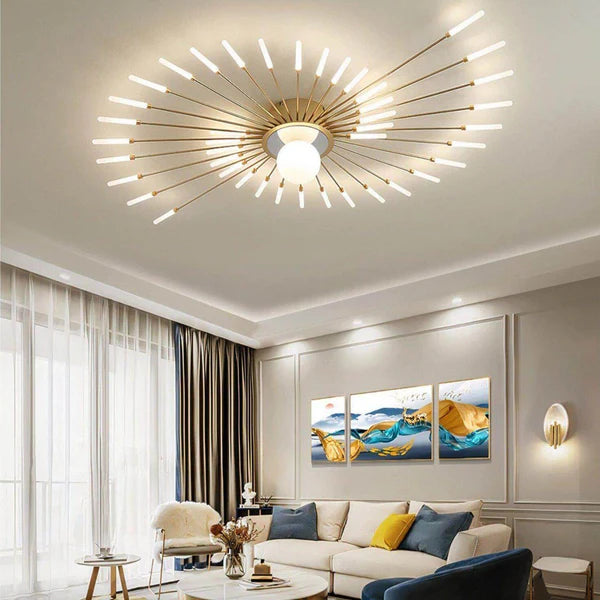 Radiant Starburst LED Semi-Flush Ceiling Light 50" Gold Finish, Modern Living Room Ceiling Lights