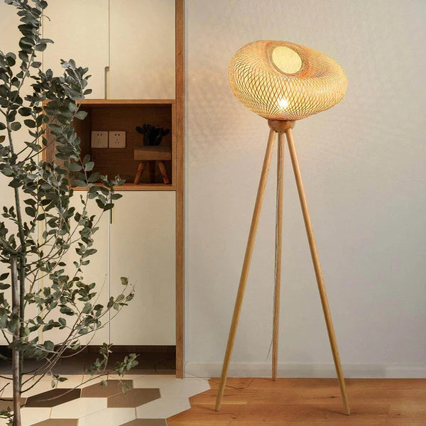 LumiNest Rattan Tripod Floor Lamp 63" Natural Wicker Orb Shade, Living Room Floor Lamps