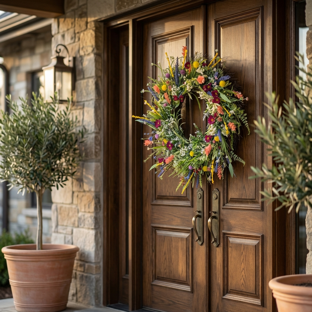 Handcrafted Silk Buttercup Wreath with Grapevine Base and Eucalyptus Foliage