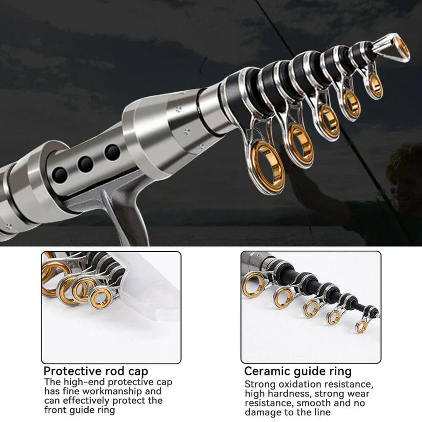 Telescopic Fishing Rod and Reel Combo with Carbon Fiber Construction and Carrying Bag