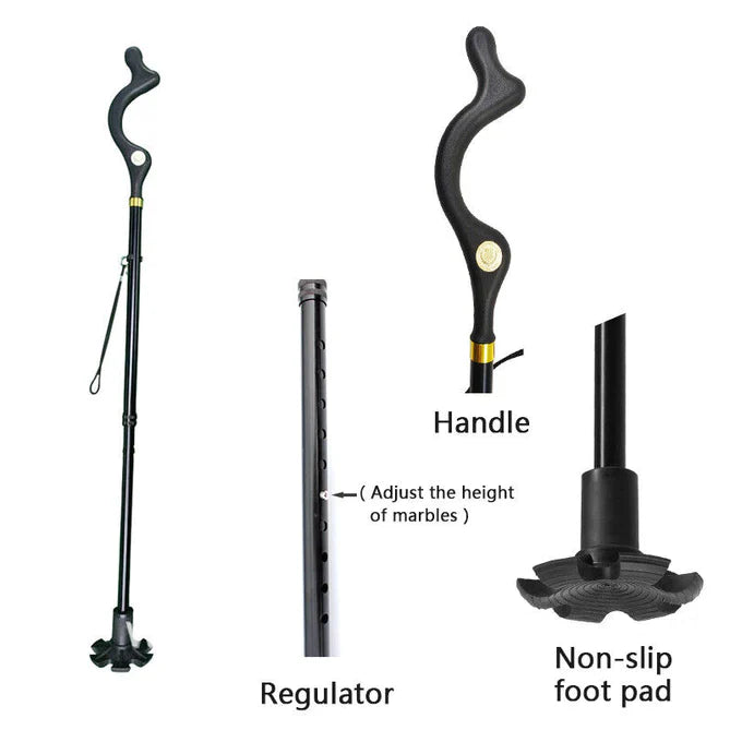 Adjustable Walking Stick with Ergonomic Handle and 360-Degree Rotating Tip, 12 Height Settings