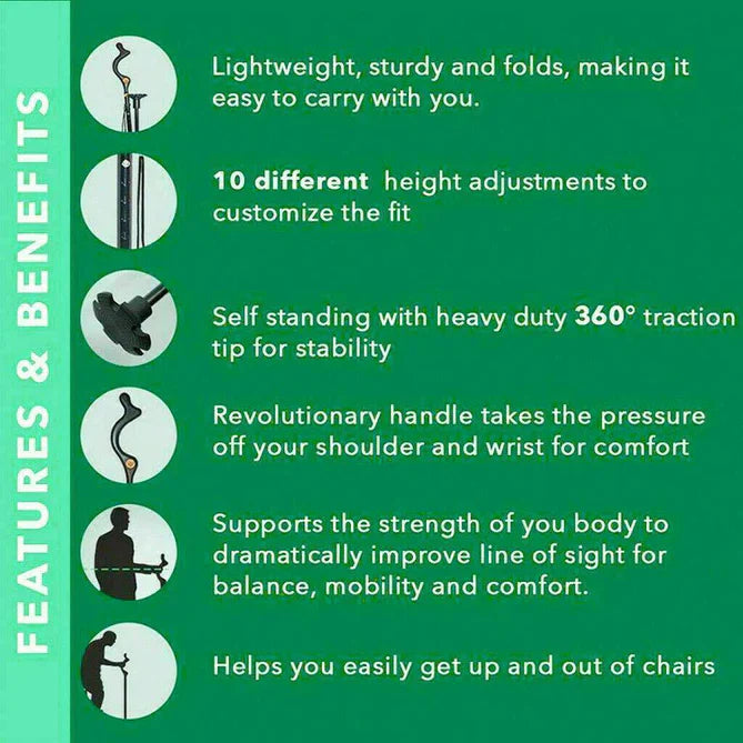 Adjustable Walking Stick with Ergonomic Handle and 360-Degree Rotating Tip, 12 Height Settings
