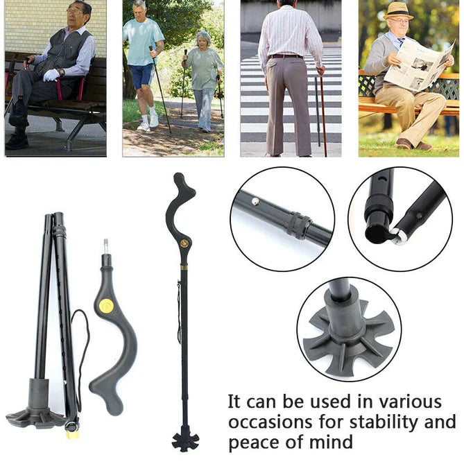 Adjustable Walking Stick with Ergonomic Handle and 360-Degree Rotating Tip, 12 Height Settings