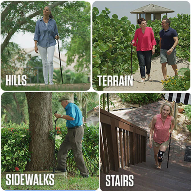 Adjustable Walking Stick with Ergonomic Handle and 360-Degree Rotating Tip, 12 Height Settings