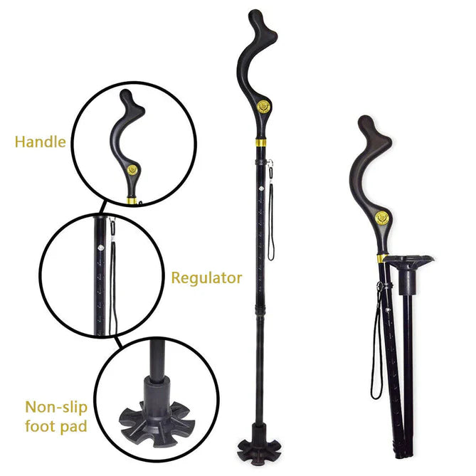 Adjustable Walking Stick with Ergonomic Handle and 360-Degree Rotating Tip, 12 Height Settings
