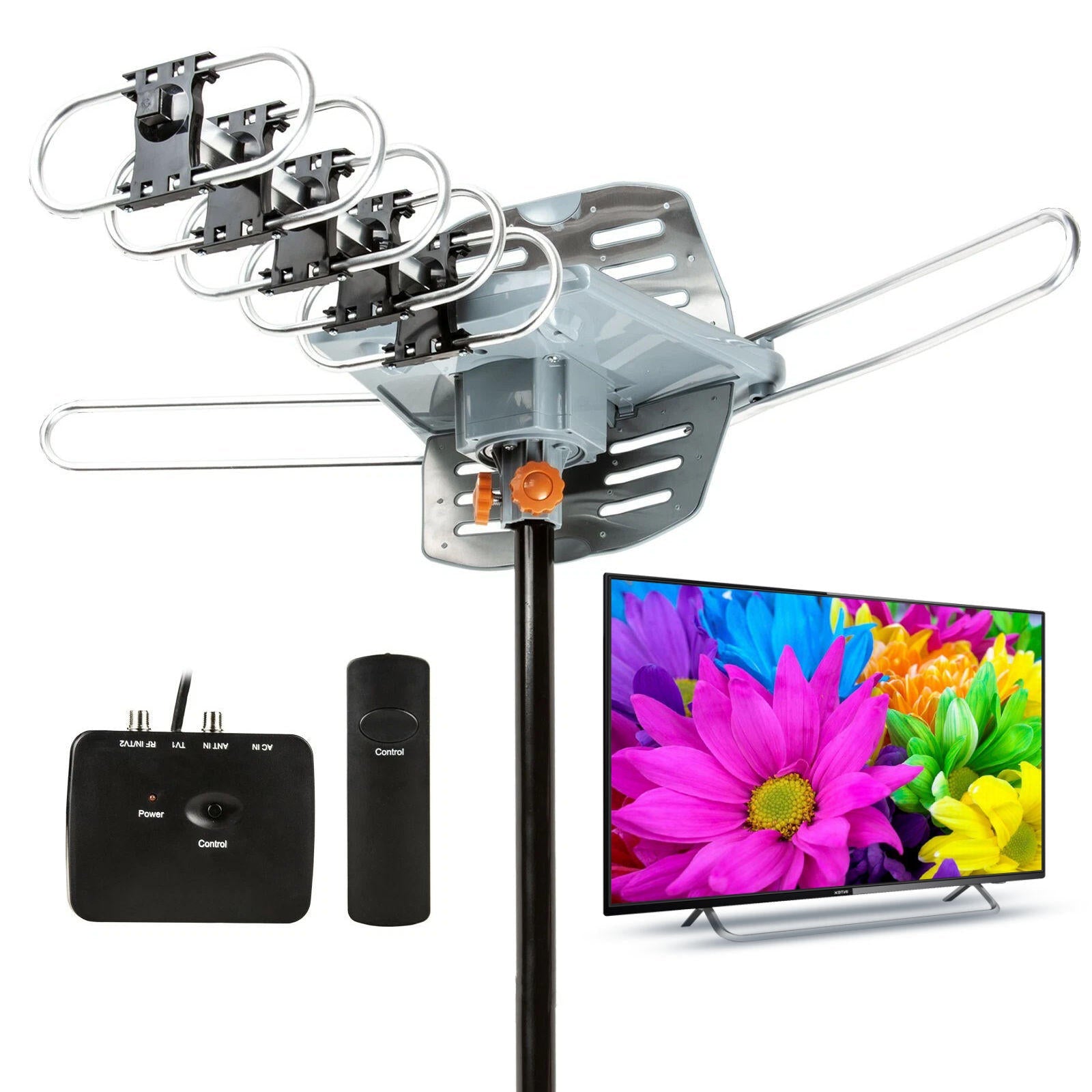 Motorized HD TV Antenna with 360 Degree Rotation and Remote Control, 33ft Cable