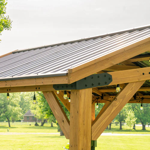 Outdoor Haven 14x10 Cedar Gazebo with Steel Roof Light Brown & Black Accents, Patio Pavilion