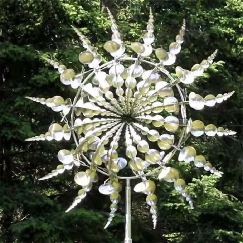 Metal Wind Spinner with 18 Rotating Blades and Reflective Finish, 39 Inch Height
