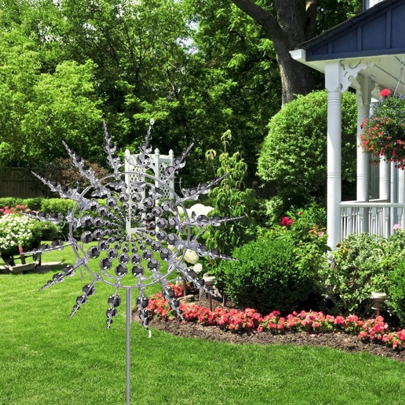 Metal Wind Spinner with 18 Rotating Blades and Reflective Finish, 39 Inch Height