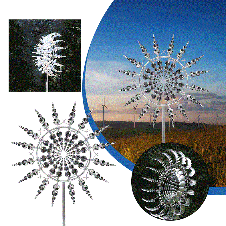 Metal Wind Spinner with 18 Rotating Blades and Reflective Finish, 39 Inch Height