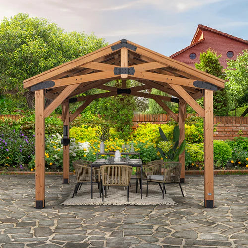 Outdoor Haven 14x10 Cedar Gazebo with Steel Roof Light Brown & Black Accents, Patio Pavilion